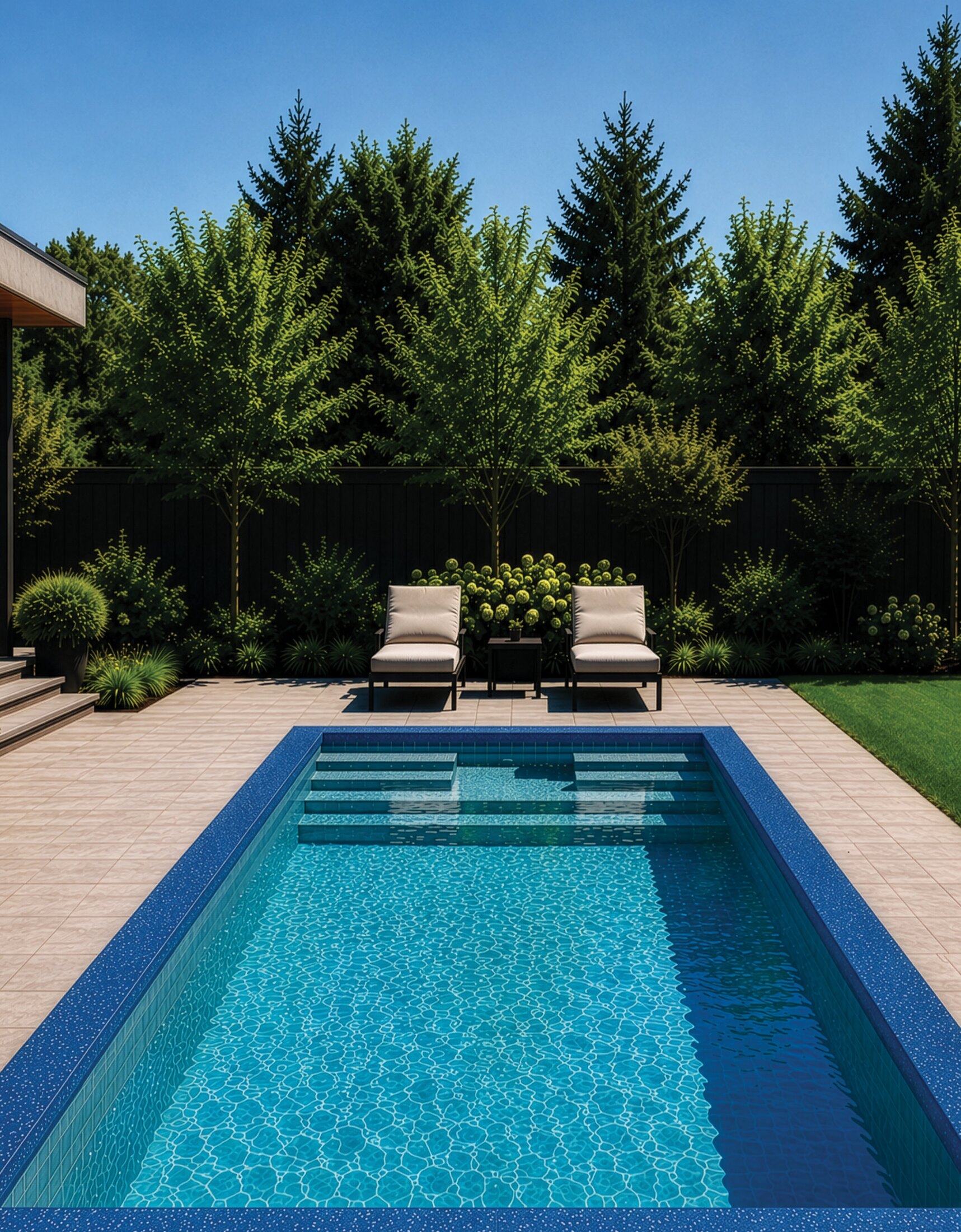 Contemporary EverBriss pool and landscaped backyard